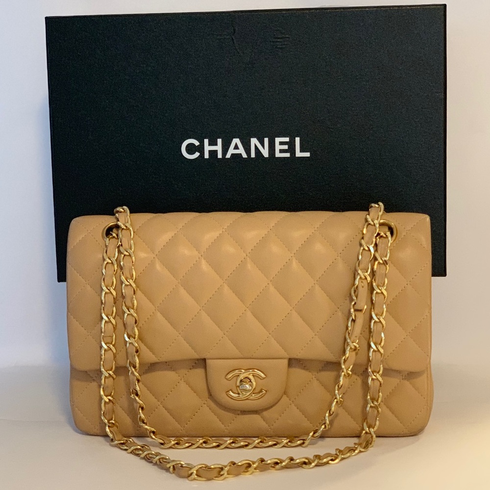 CHANEL Beige Lambskin Med Double Flap Bag Quilt CC